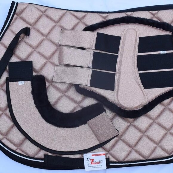 Glitter Rose Gold All Purpose English Saddle Pad with Matching Fly Bonnet, Boots - Picture 3 of 8